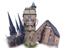 Titelbild 2010 Marburg, Collage mit 3 Fotos von
Gebäuden als Wahrzeichen der Stadt